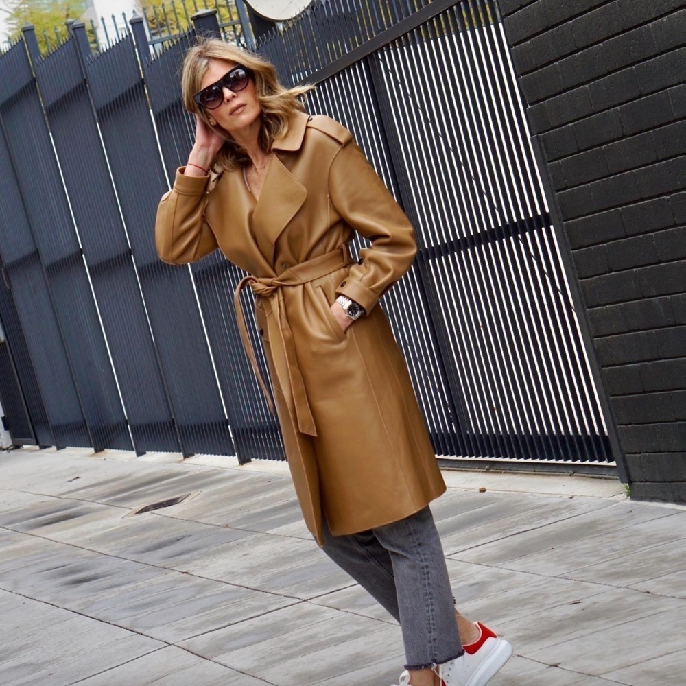 Classic Real Leather Belted Trench Coat In Camel Size M Bloggers Favorite